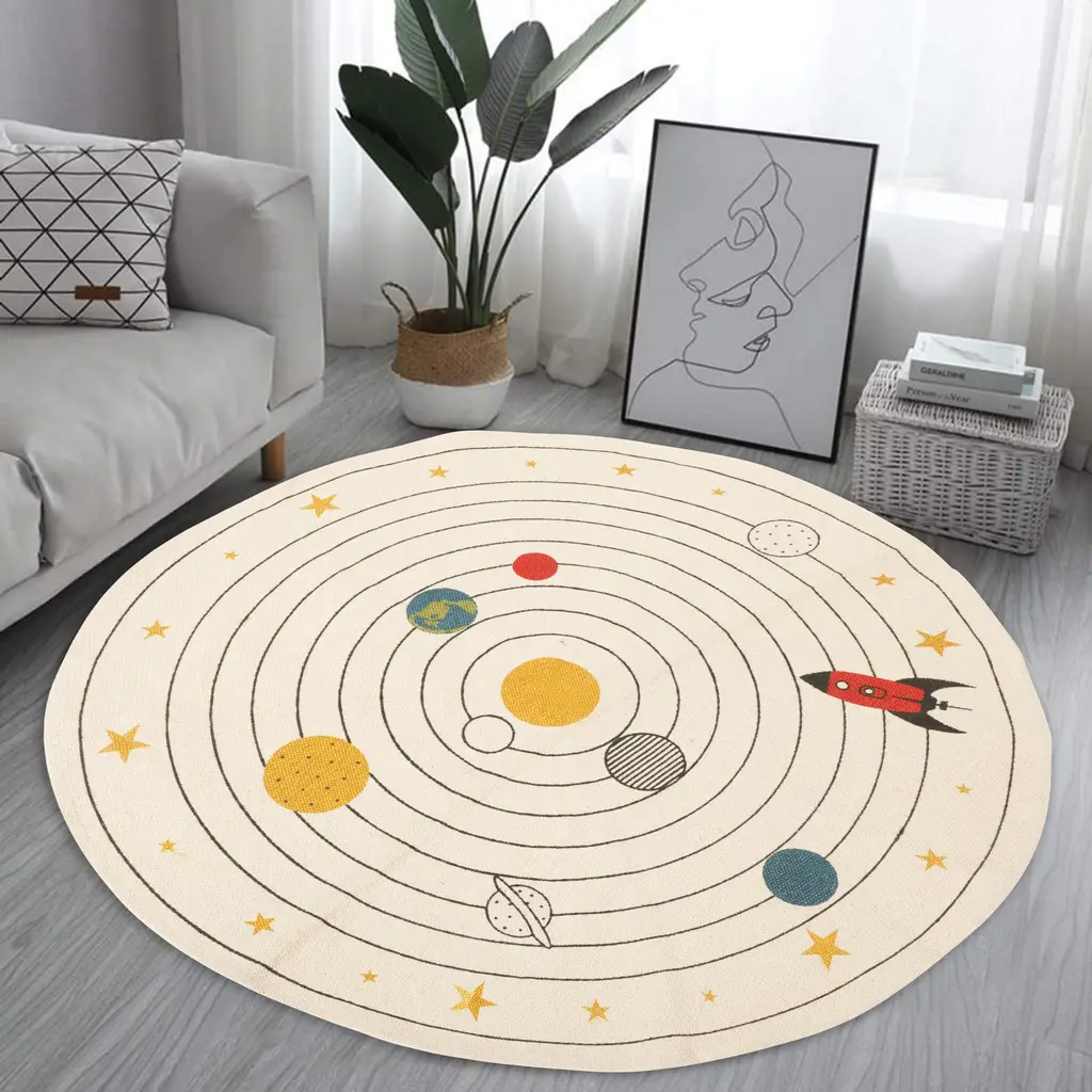 Printed cotton round kids mat, space, 38 inch, black, yellow
