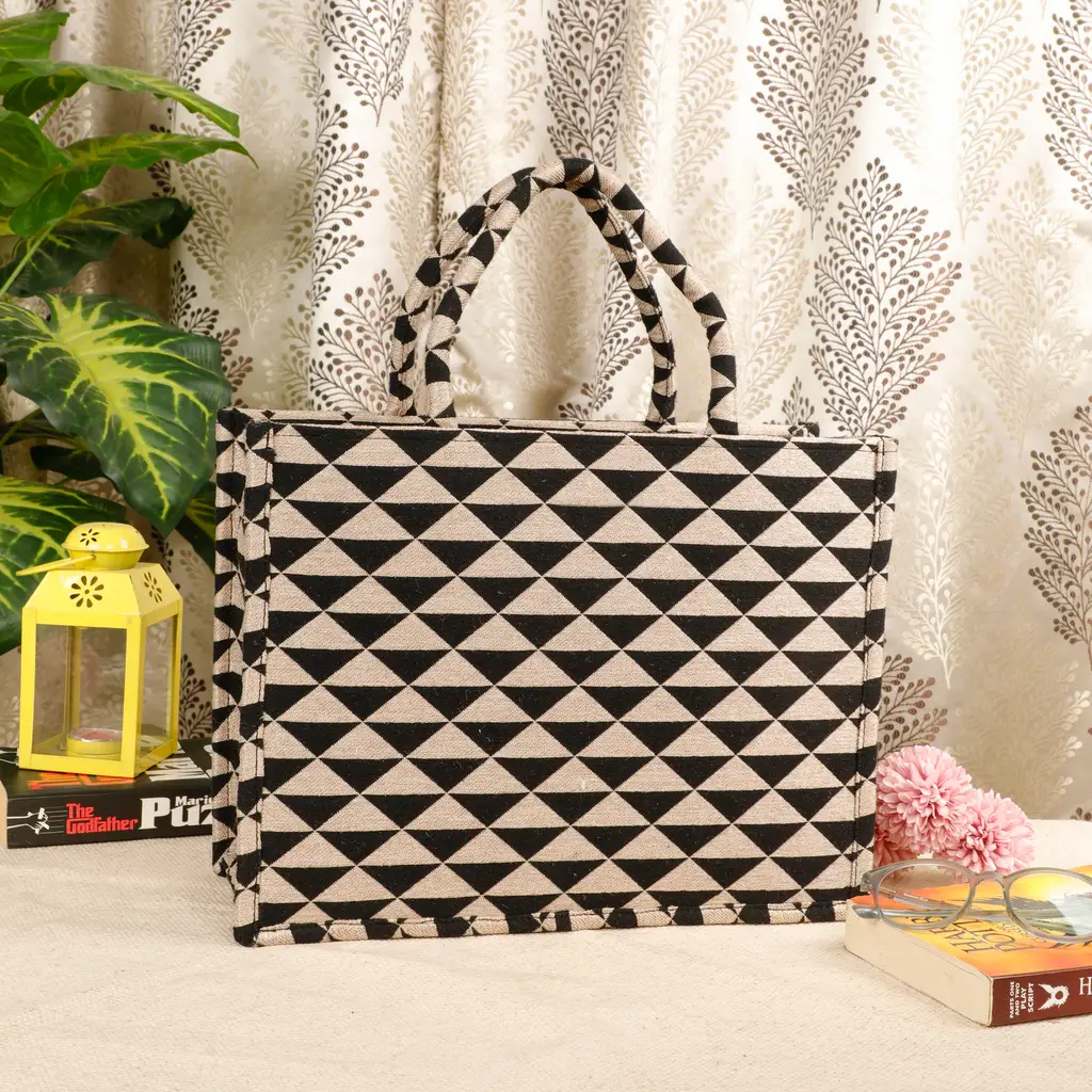 Polyester Cotton printed handbag, triangles, brown, black, 14x11
