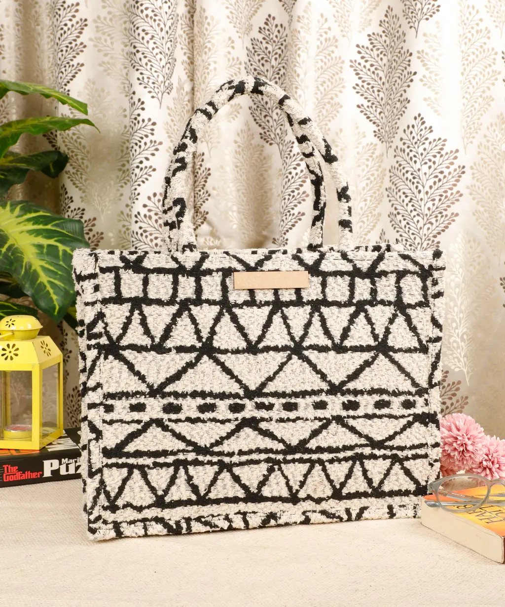 Polyester Cotton printed handbag, triangles, boxes, lines, off-white, black, 14x11