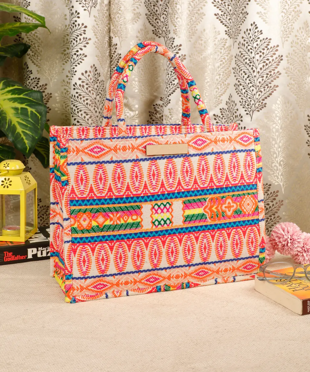 Polyester Cotton printed handbag, triangle, wage, floral, orange, pink, yellow, 14x11