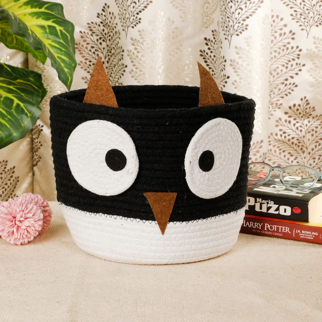 Owl face look kids basket, cotton, white, black, brown, 8.5x8