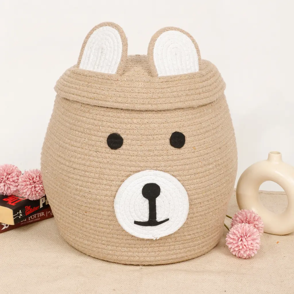 Kids face ear basket with lid, brown, 14x13