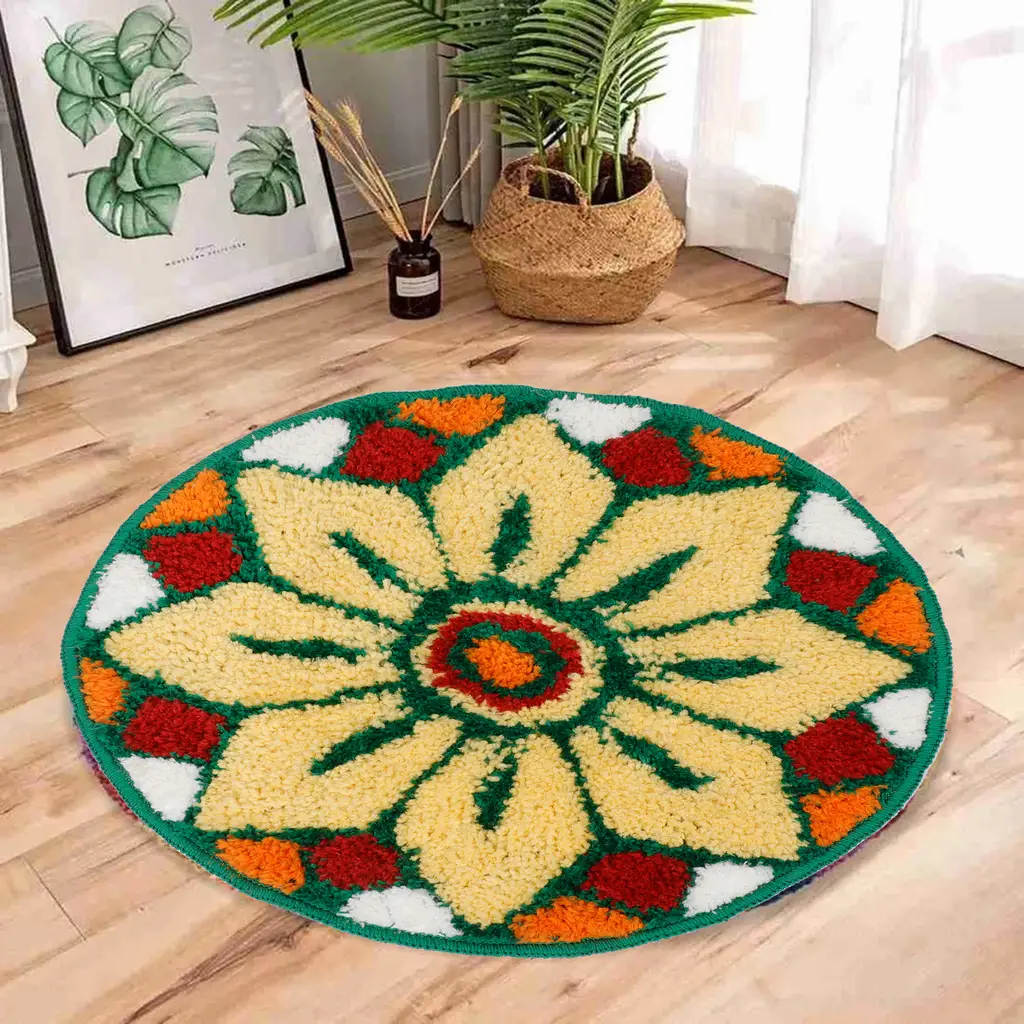 Round Doormat Polyester Design print, floral, diamond, 20x20, green, yellow, red