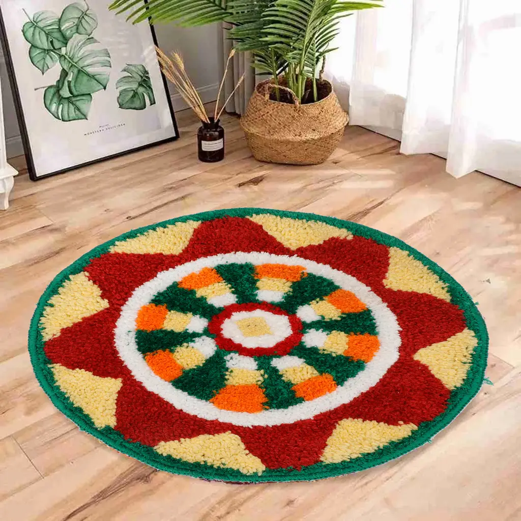 Round Doormat Polyester Design print, circle pattern, 20x20, green, yellow, red