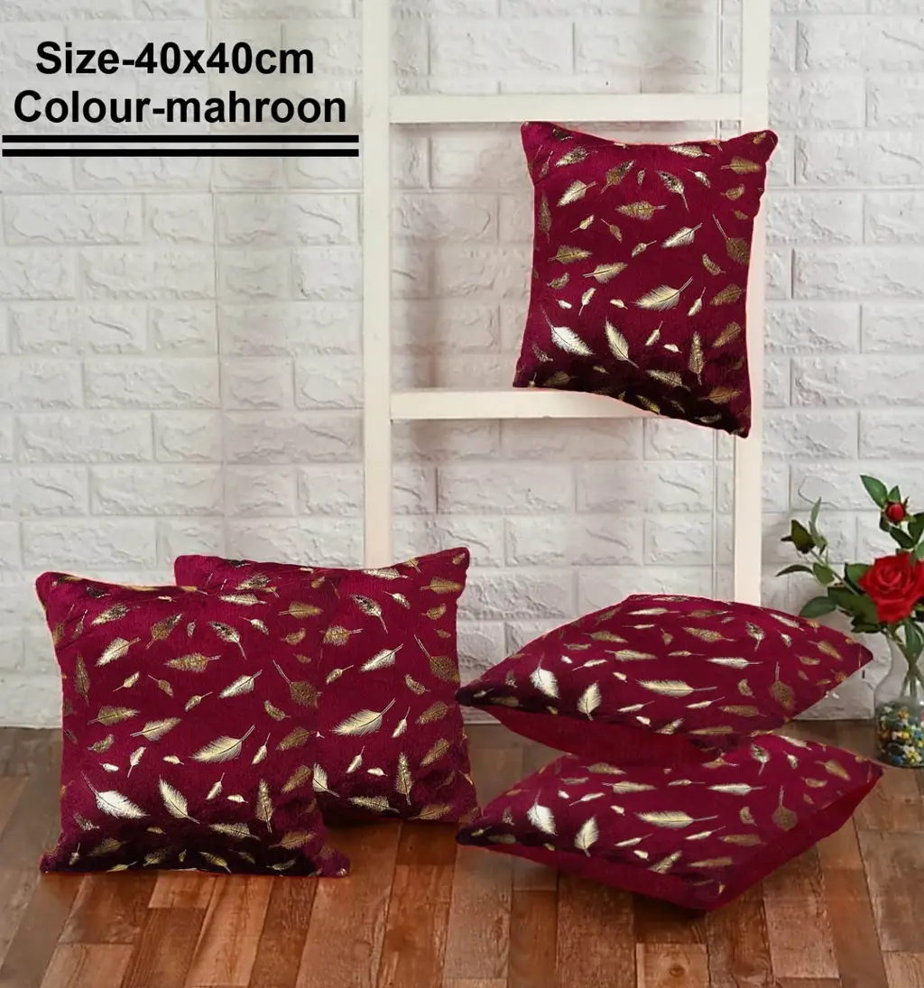 Velvet fur cushion cover leaf pattern, 16x16, maroon, set of 5