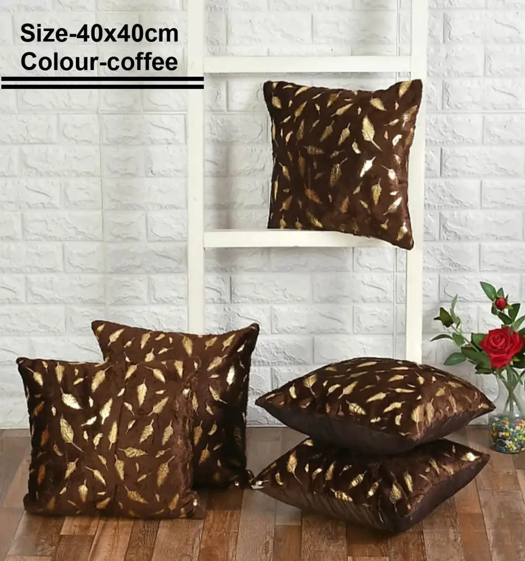 Velvet fur cushion cover leaf pattern, 16x16, coffee, set of 5