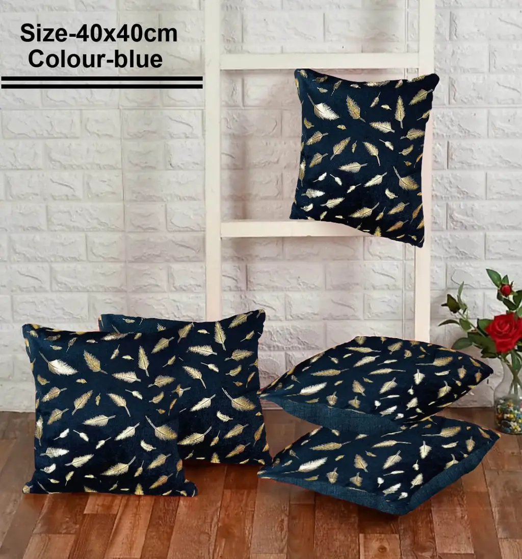 Velvet fur cushion cover leaf pattern, 16x16, blue, set of 5