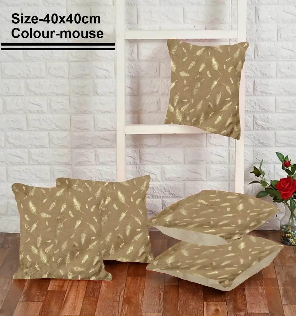 Velvet fur cushion cover leaf pattern, 16x16, lite brown, set of 5