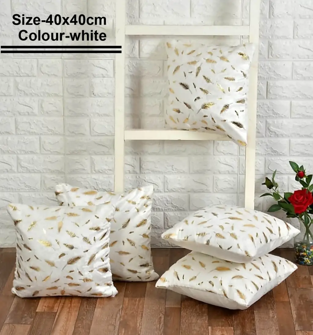 Velvet fur cushion cover leaf pattern, 16x16, white, set of 5