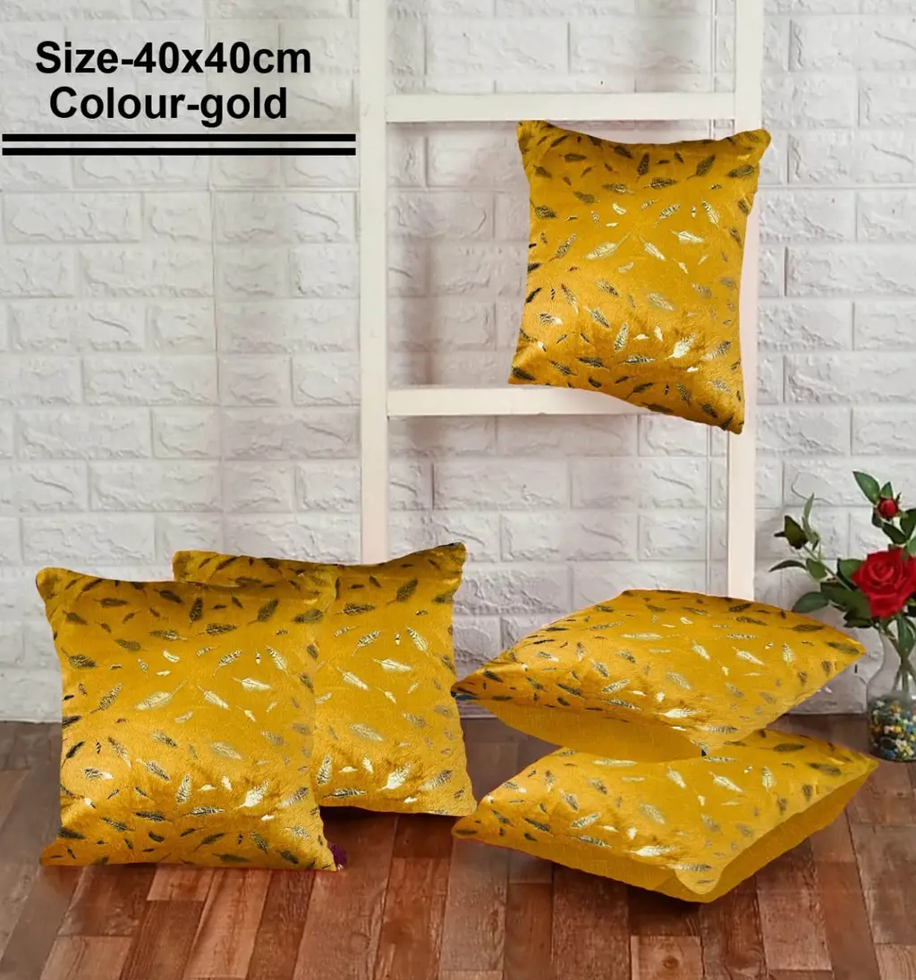 Velvet fur cushion cover leaf pattern, 16x16, gold, set of 5