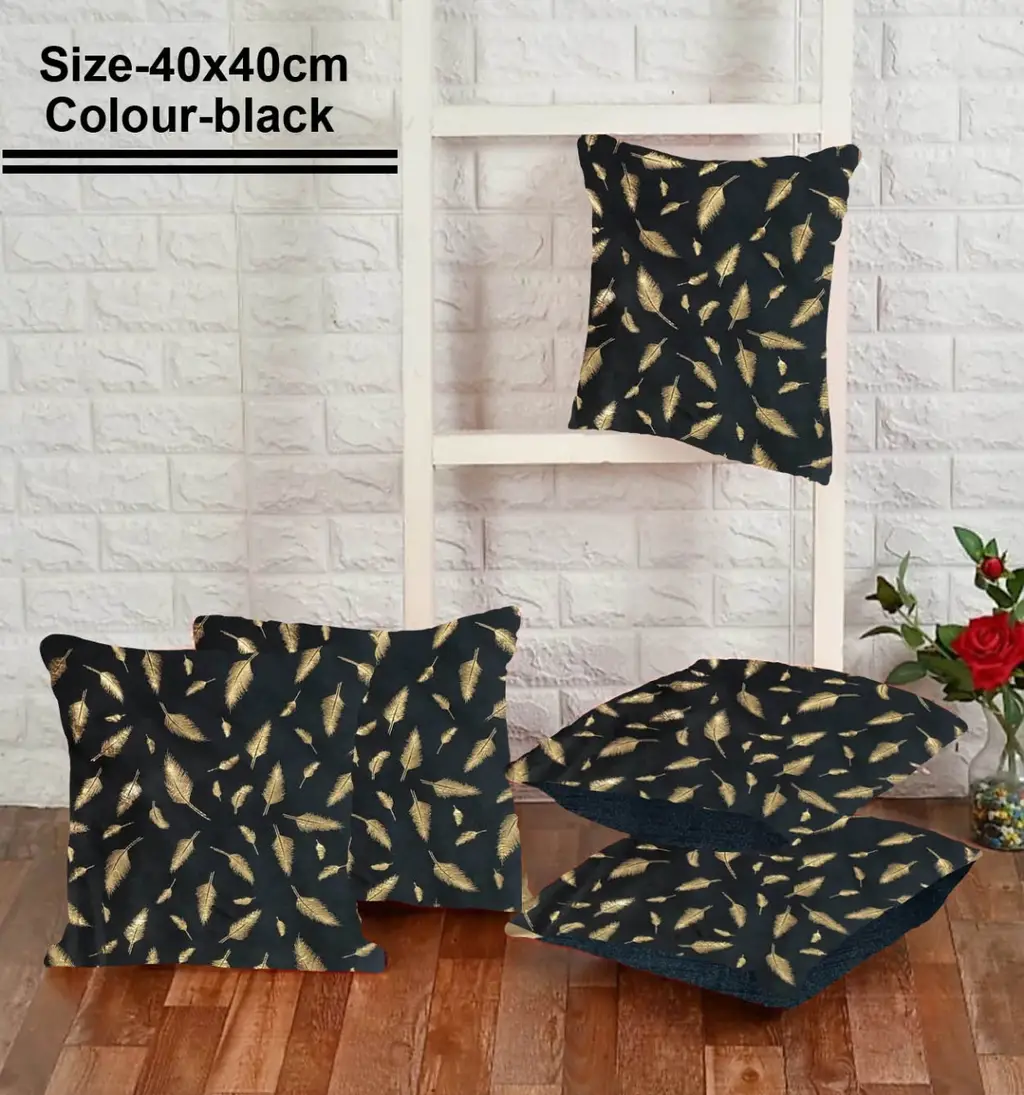 Velvet fur cushion cover leaf pattern, 16x16, black, set of 5