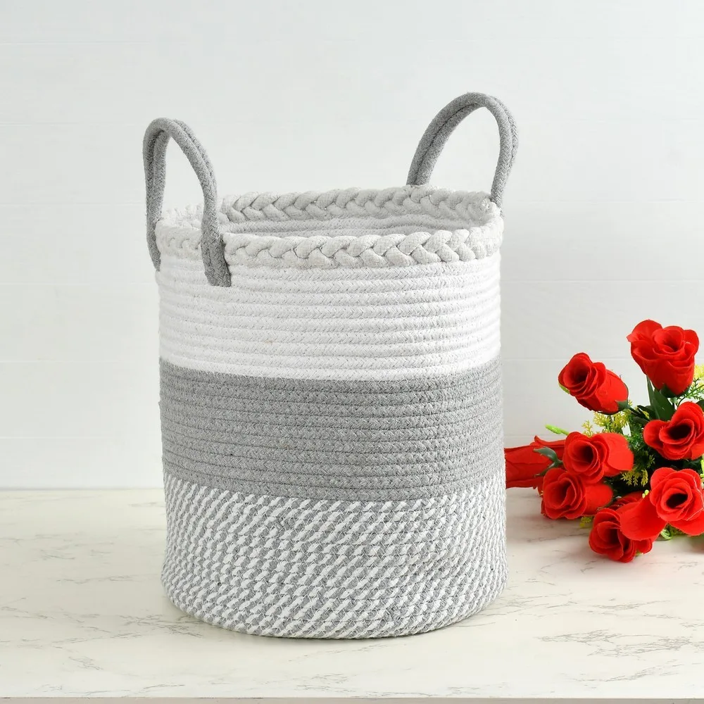 Cotton Storage Basket Top Criss Cross Dual Color Handles, White, Grey, 12x12 inches