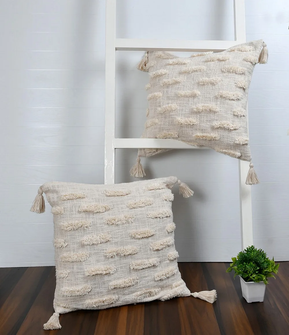 Cotton Tufted Cushion Cover, Rectangle Bars, off-white, 16x16