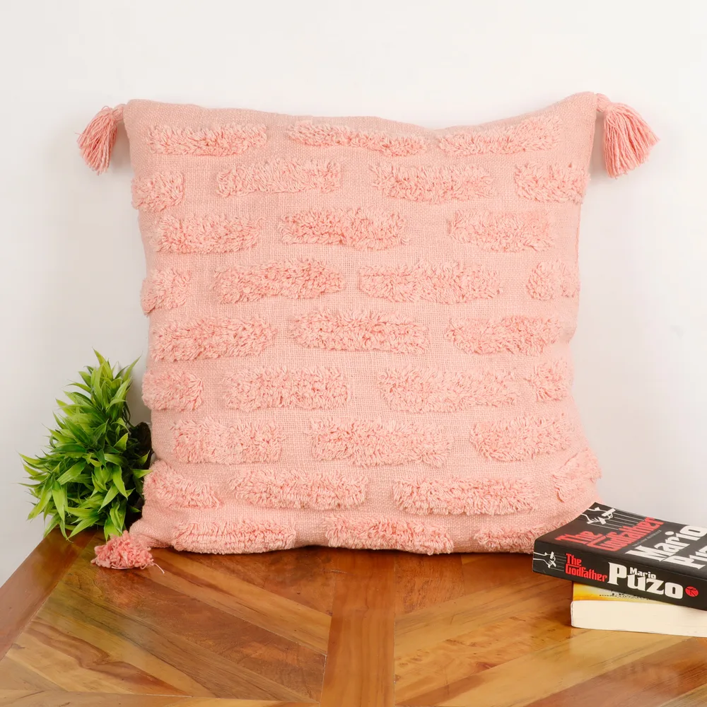 Cotton Tufted Cushion Cover, Rectangle Bars, pink, 16x16