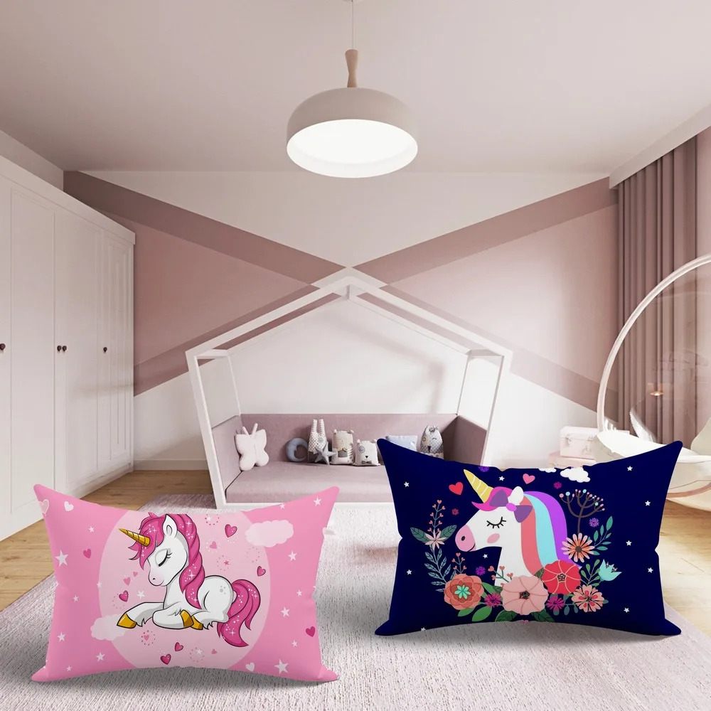 Kids Cartoon printed pillow combo Pink Unicorn, Blue unicorn, 18x12, Set of 2