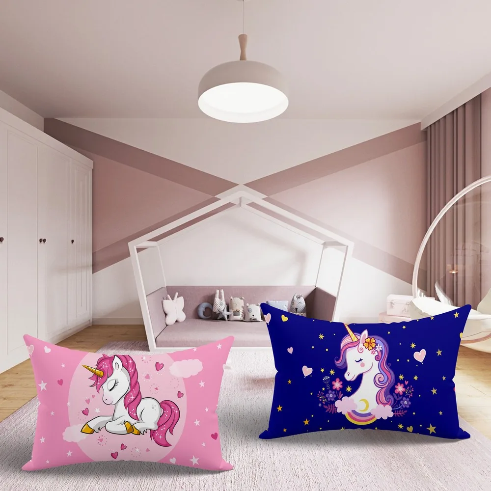 Kids Cartoon printed pillow combo Pink Unicorn, Purple unicorn, 18x12, Set of 2