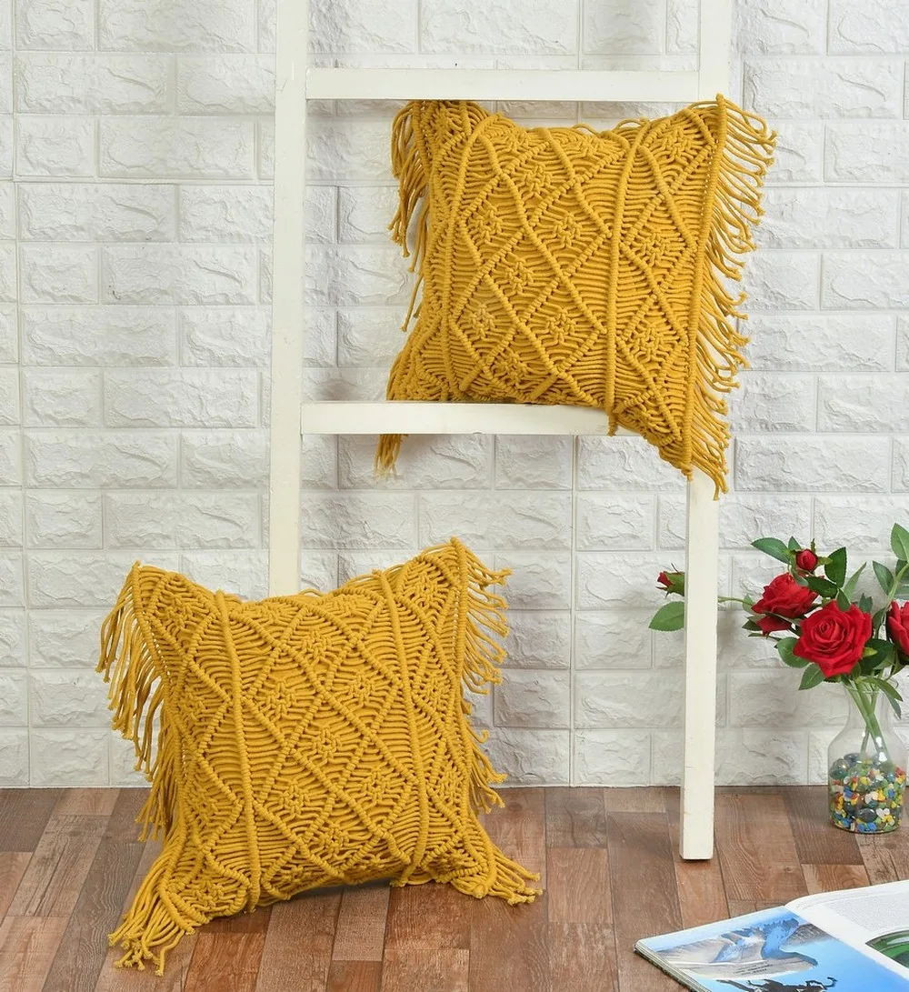 Macrame Cushion Cover, diamonds, 3 sections, fringes, 16x16, Yellow