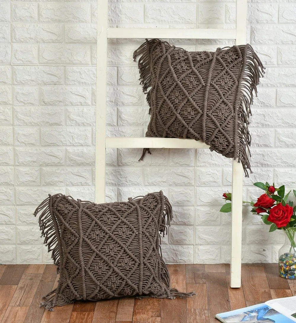 Macrame Cushion Cover, diamonds, 3 sections, fringes, 16x16, Grey