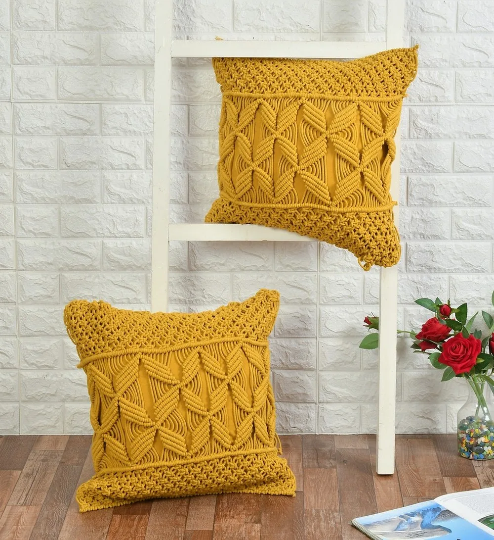 Macrame Cushion Cover, Side Chain pattern, Floral Center, 16x16, Yellow
