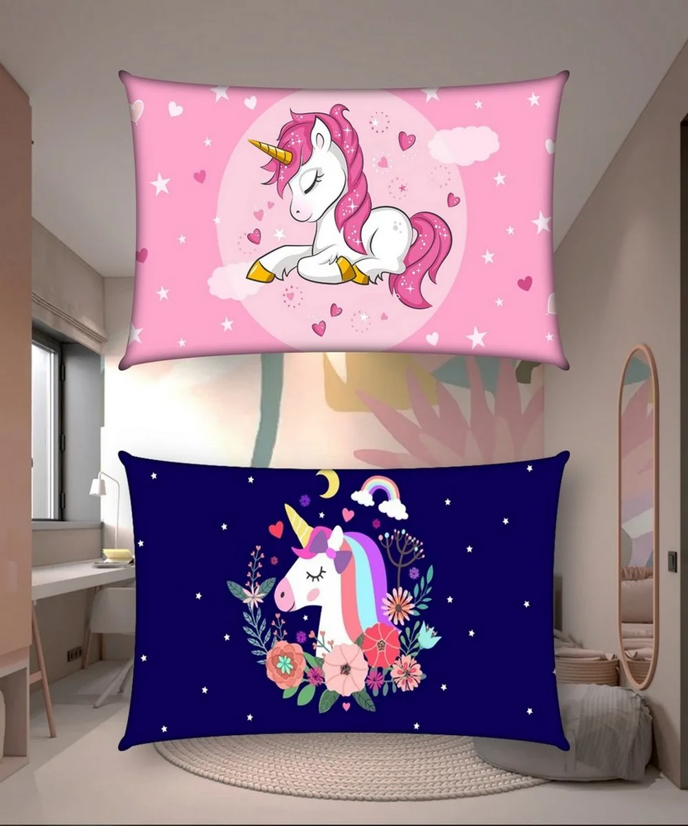 Kids pillow cover combo Pink Unicorn, Blue Unicorn (18x12 Inches, Set of 2)