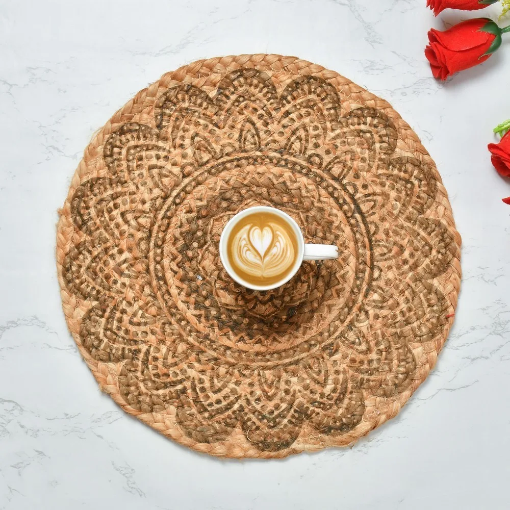 Jute Placemat Printed Flower Pattern, 12x12, Pack of 2