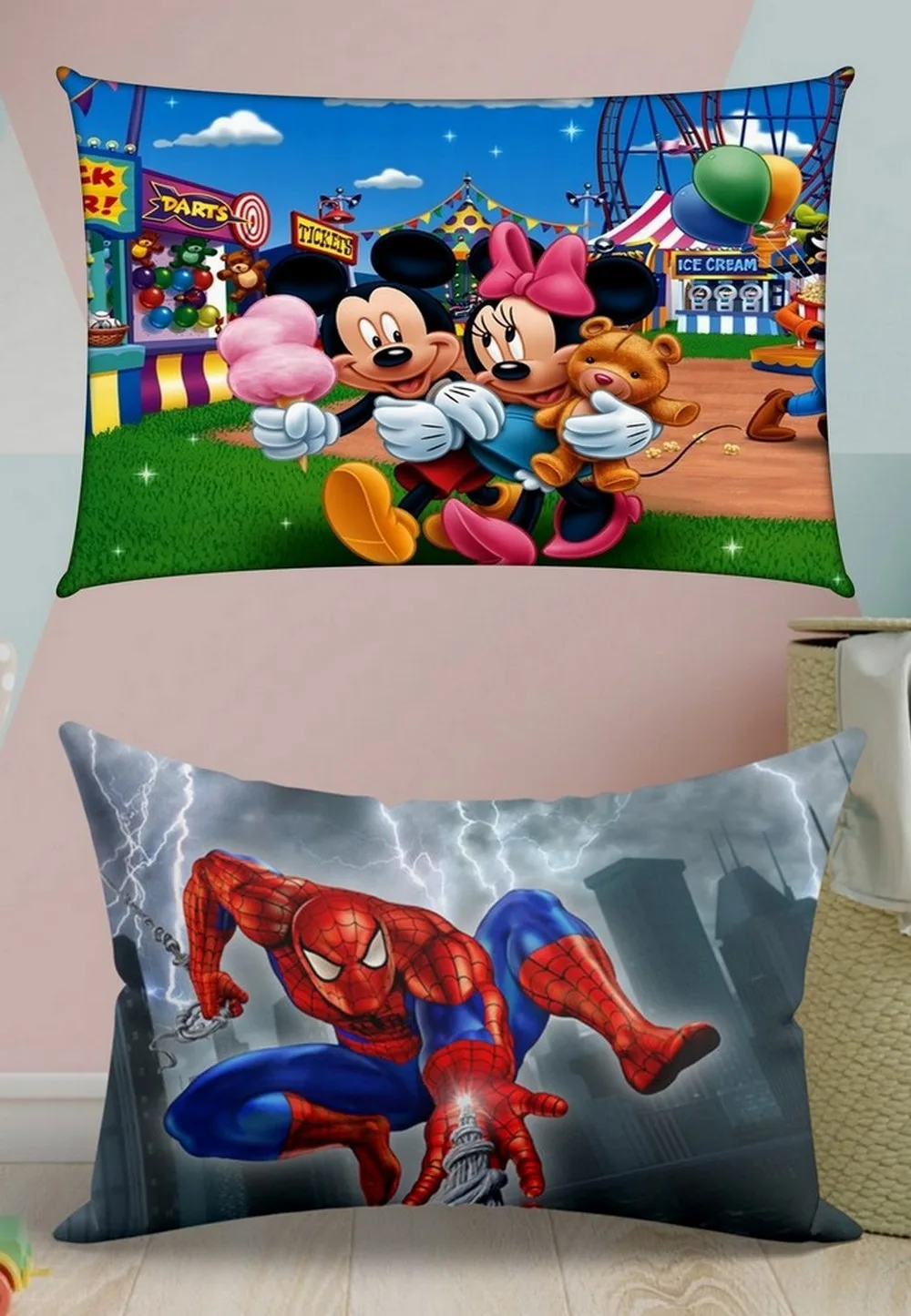 Spiderman Pillow, Mickey Funfair Cover, 18x12 Inches, Set of 2