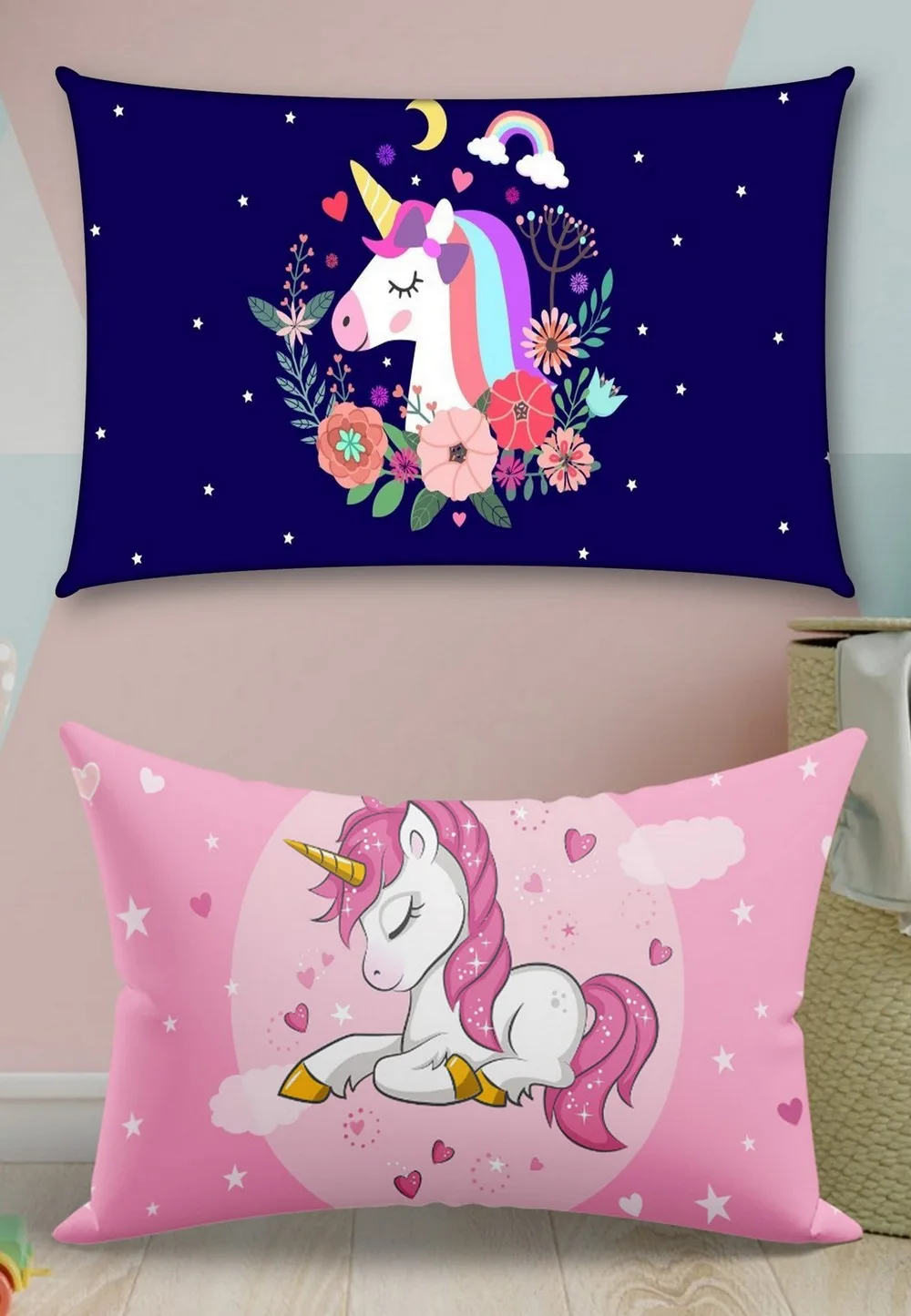 Pink Unicorn Pillow, Blue Unicorn Cover, 18x12 Inches, Set of 2