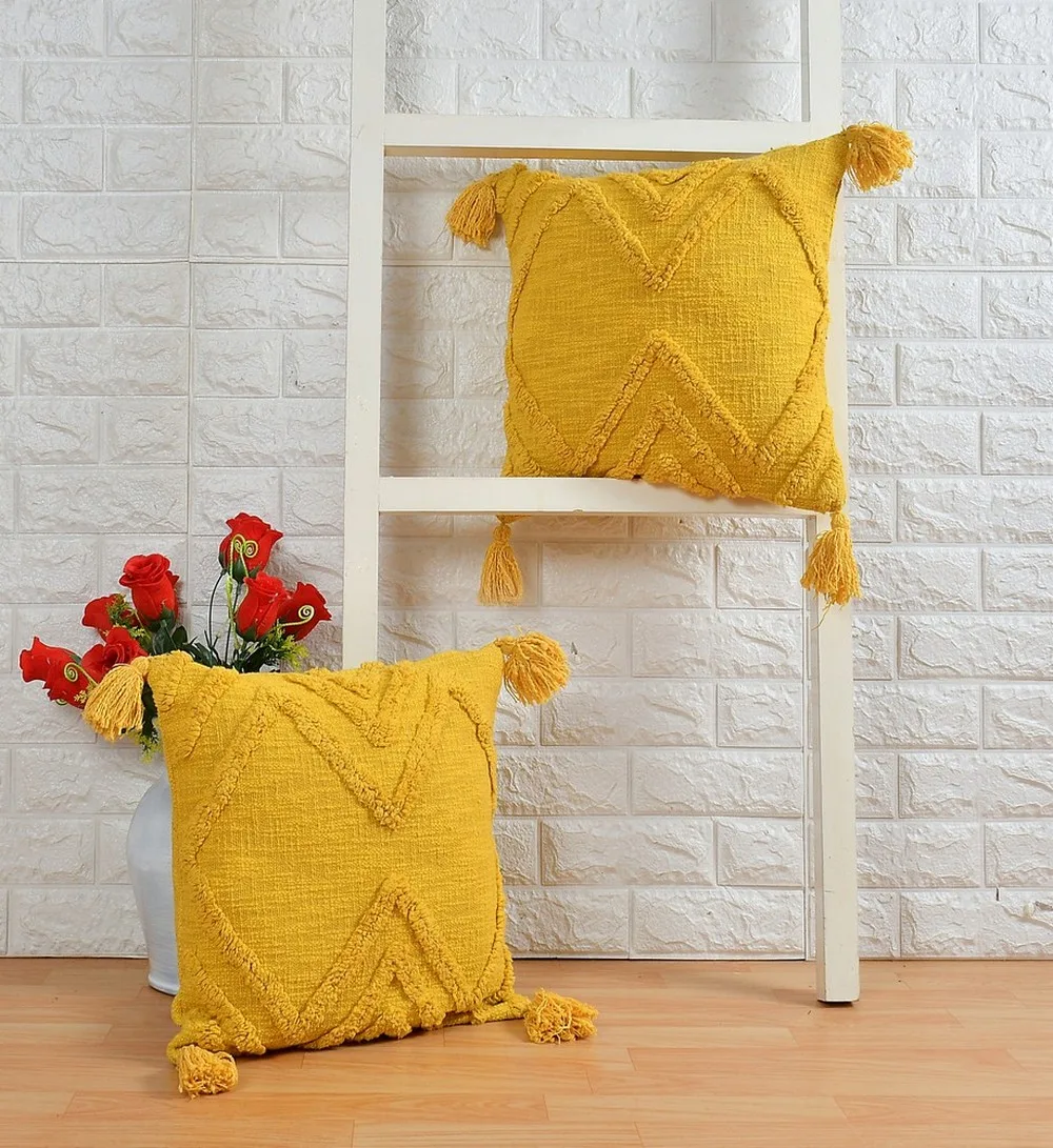 Cotton Tufted Cushion, Triangle Design, Mustard color, 20x20