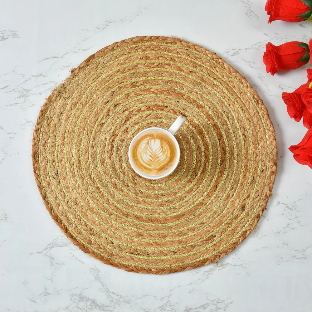 Braided Jute Lurex Placemat, 14 inches, Golden, pack of 2