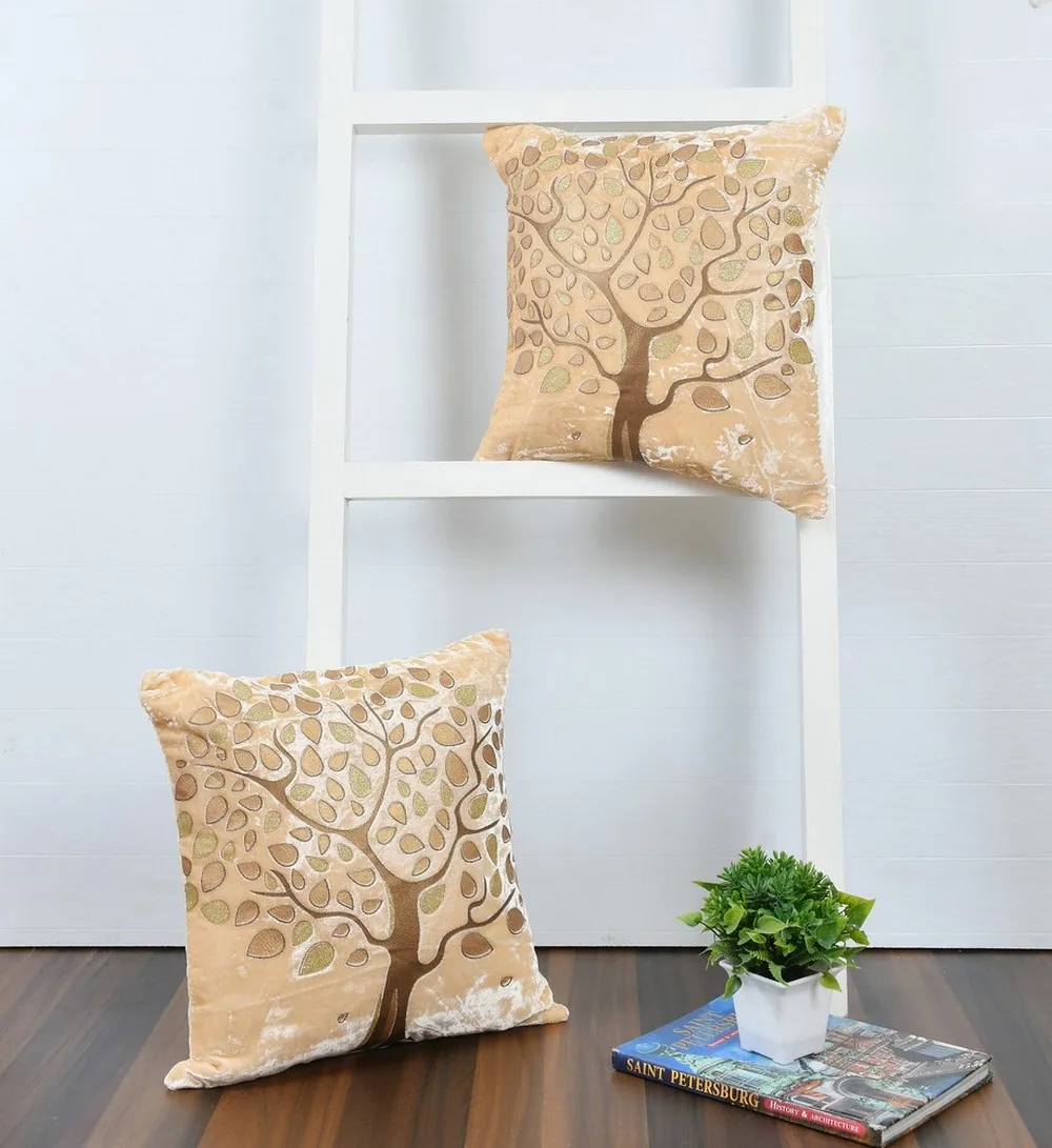 Tree Cushion Cover, Velvet, Cream, 16x16, Set of 5