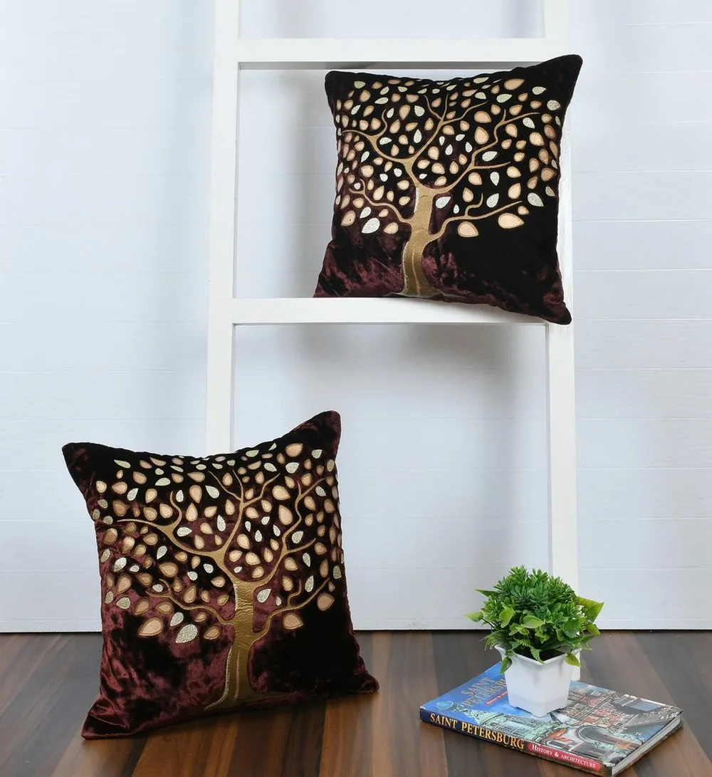 Tree Cushion Cover, Velvet, Coffee, 16x16, Set of 5