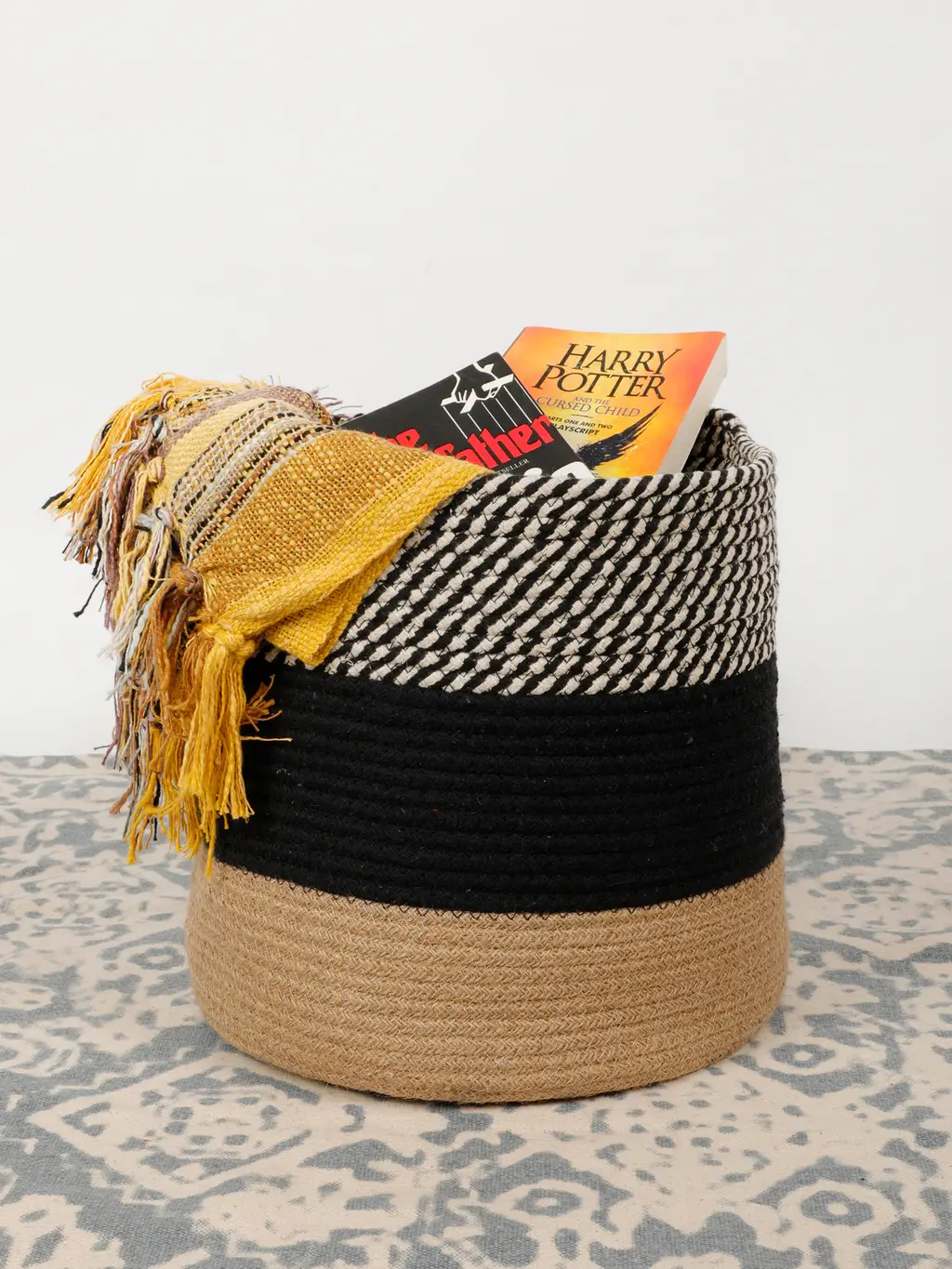 Jute Cotton Basket, Tri Band, Patch, Zigzag, 12 Inches
