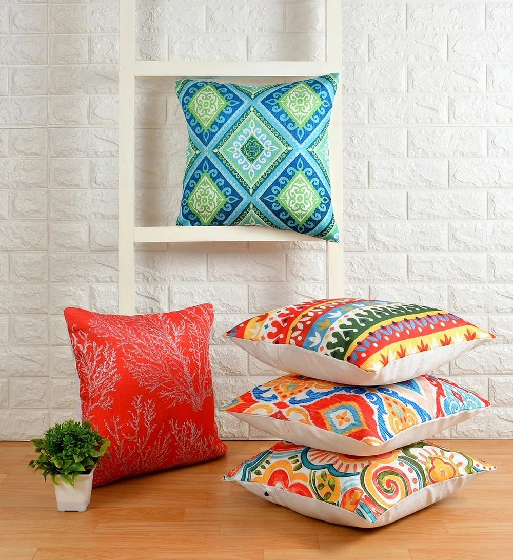 Printed cushion Cover Jute front, Abstract, Geometric, Multicolor, 16x16, Set of 5