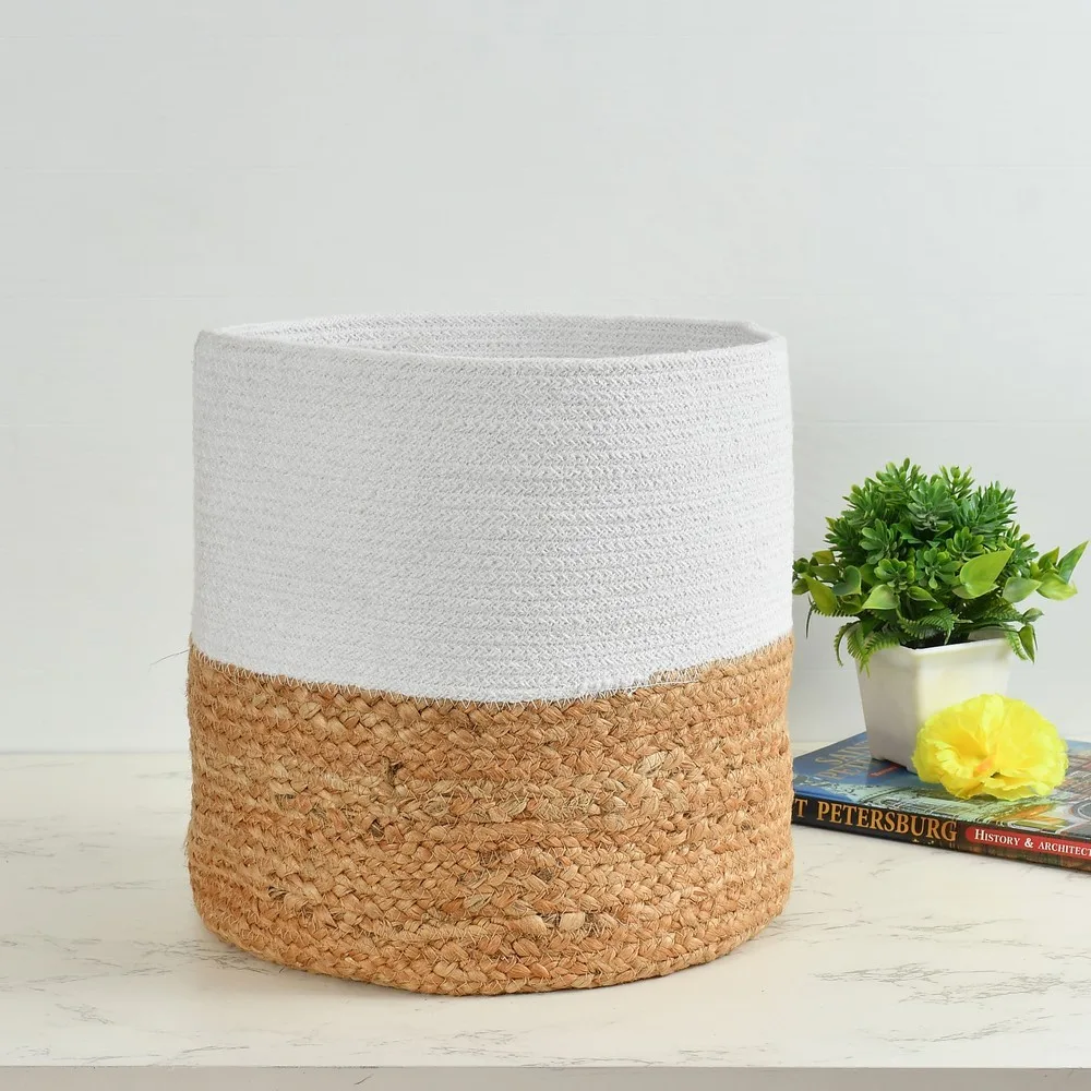 White Beige Jute Cotton Storage basket, 12 Inches