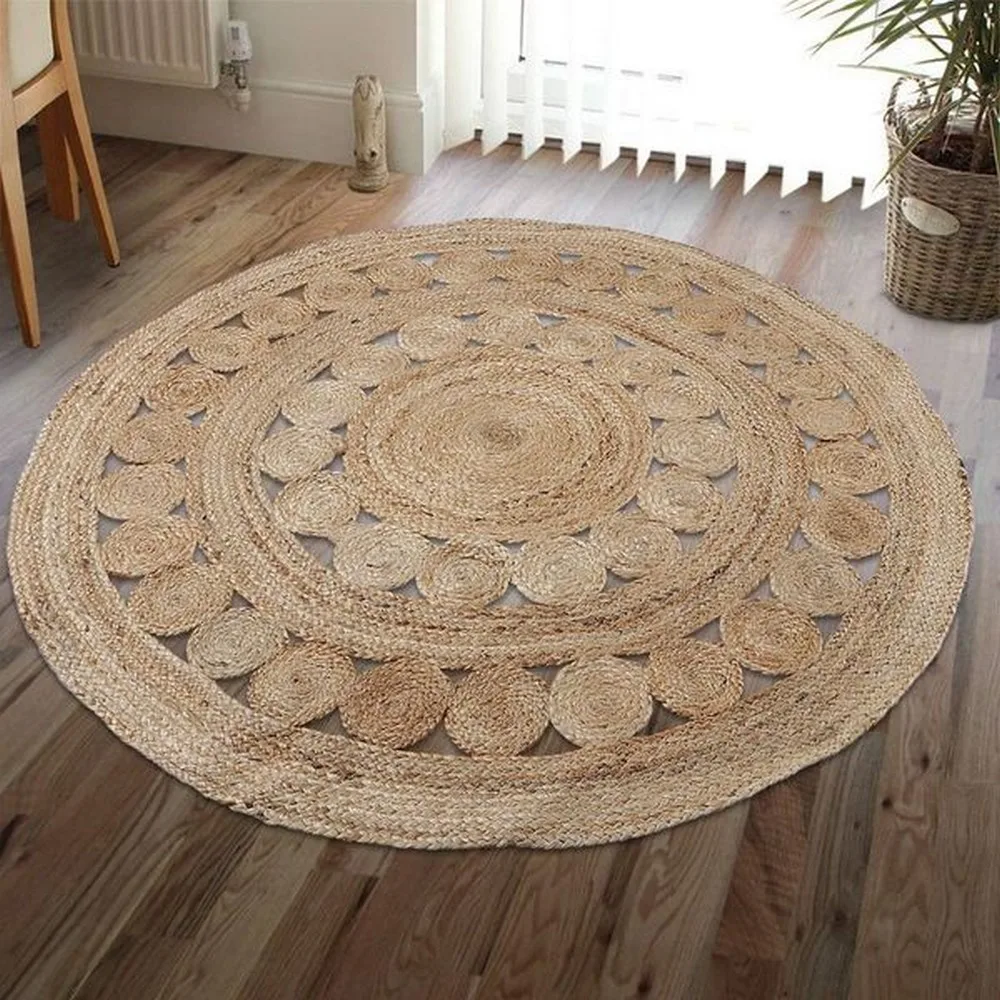 Jute round floor mat, small circles, 4 ft