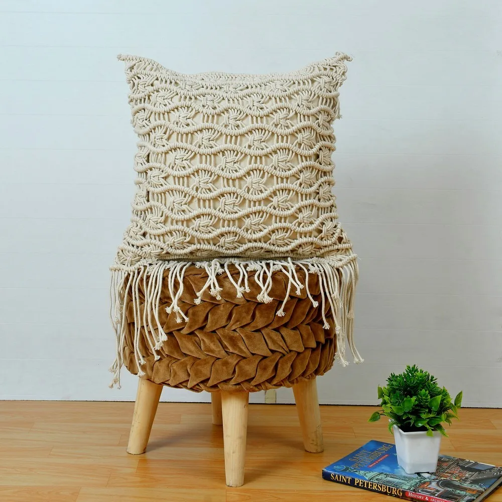 Macrame Cushion Cover, Waves, Ivory, 16x16 Inches, Pack of 1