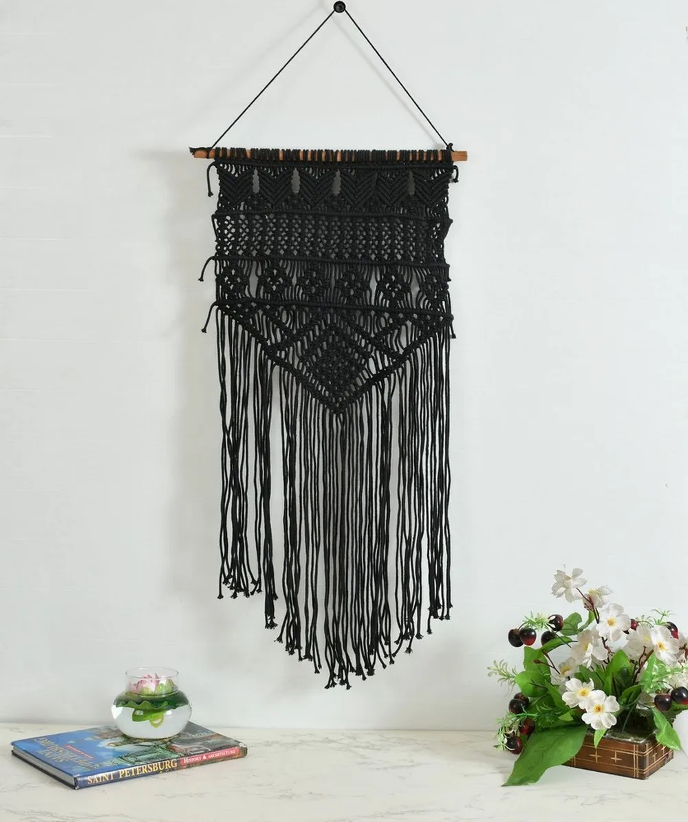 Macrame Wall Hanging, 4 Sections, Black