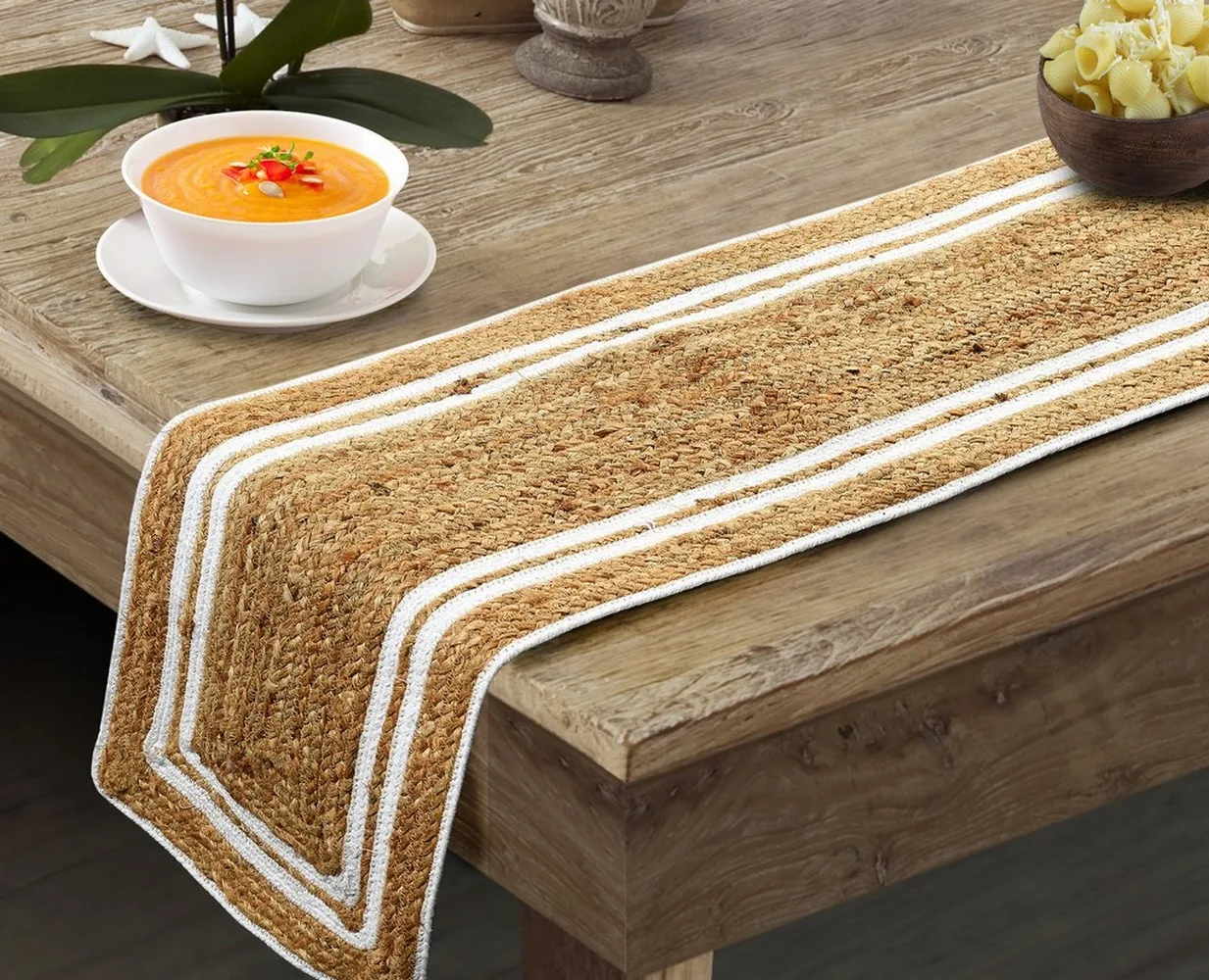 Jute Beige White Lines Table Runner, Rectangle, 12x54 Inches, Pack of 1