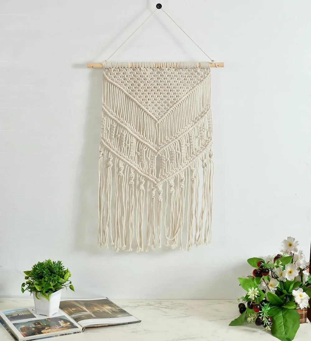 Macrame Wall Hanging, Triangle Border, 17x33 Inches, Off-White