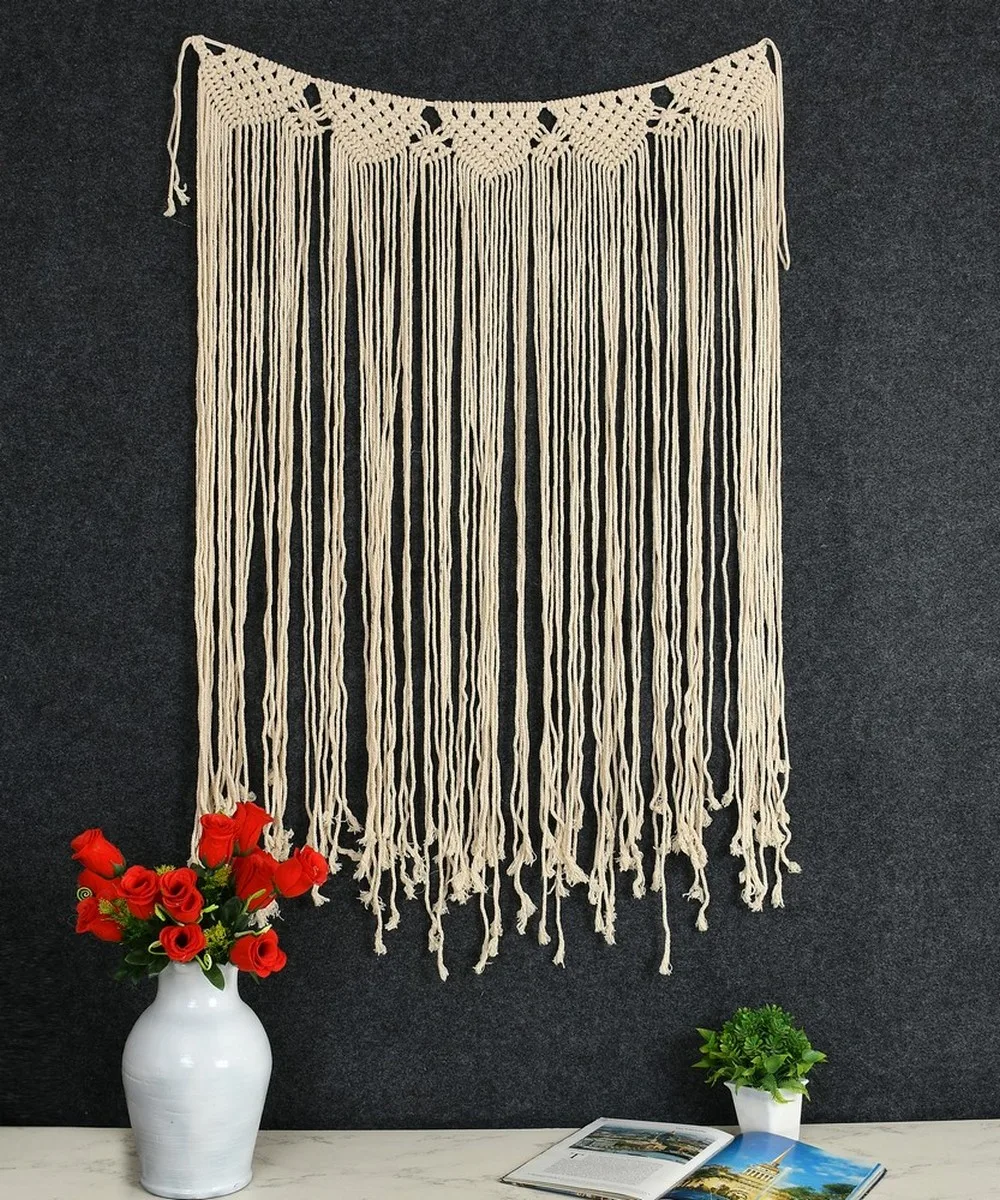 Macrame Backdrop Wall Hanging Curtain, Top Design, Broad, 35x45 Inches, Off-White
