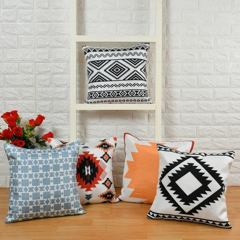 Jute Print cushion cover, Abstract, Lite color, Triangle, 16x16 Inches, Set of 5