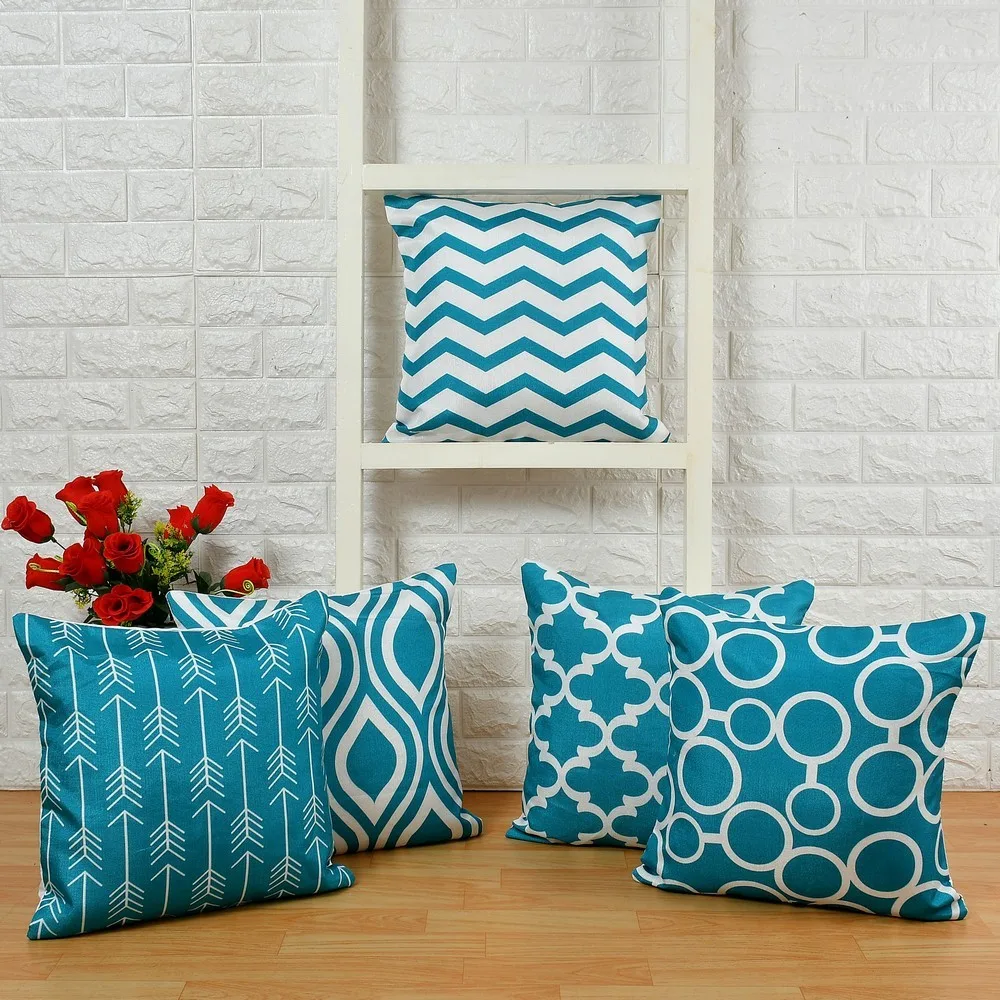 Jute Print cushion cover, Abstract, Teal, 16x16 Inches, Set of 5