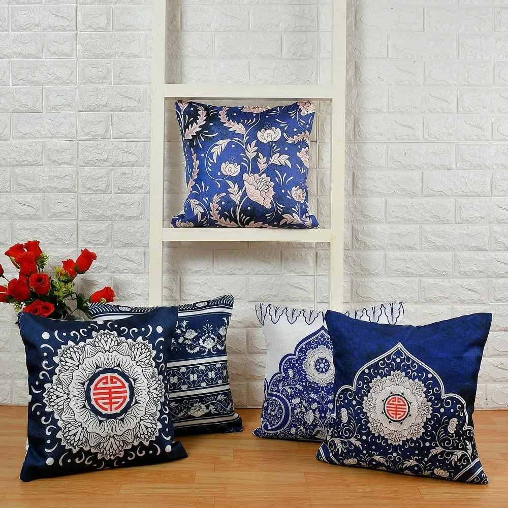 Jute Print cushion cover, Floral, Blue, 16x16 Inches, Set of 5