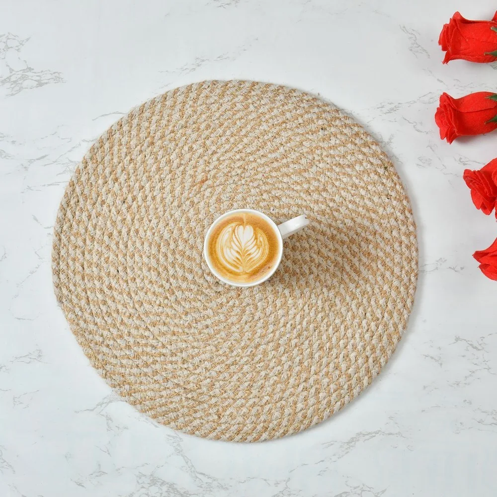 Jute Cotton Placemat, Round, White Beige, Crisscross, 12 Inches, Pack of 2