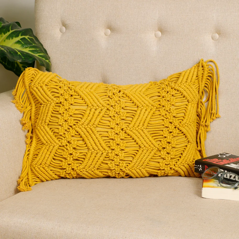 Macrame Cushion Cover, Chain Zigzag, 18x12, Yellow