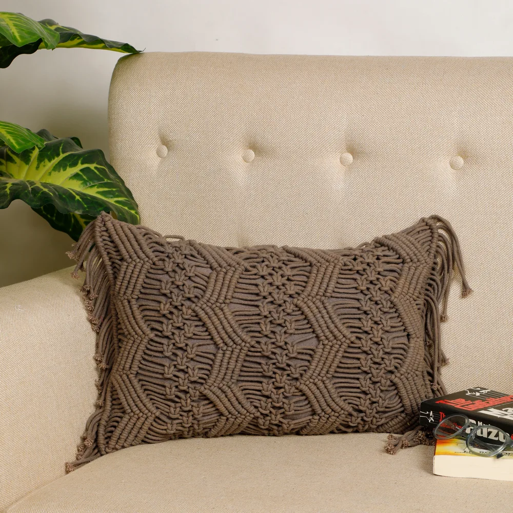Macrame Cushion Cover, Chain Zigzag, 18x12, Grey