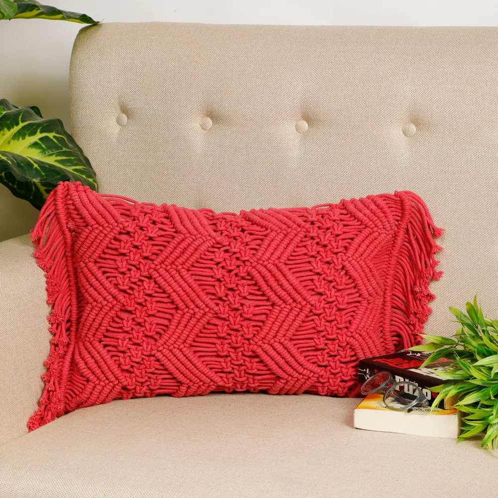 Macrame Cushion Cover, Chain Zigzag, 18x12, Pink