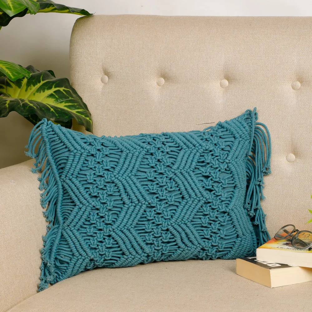 Macrame Cushion Cover, Chain Zigzag, 18x12, Blue