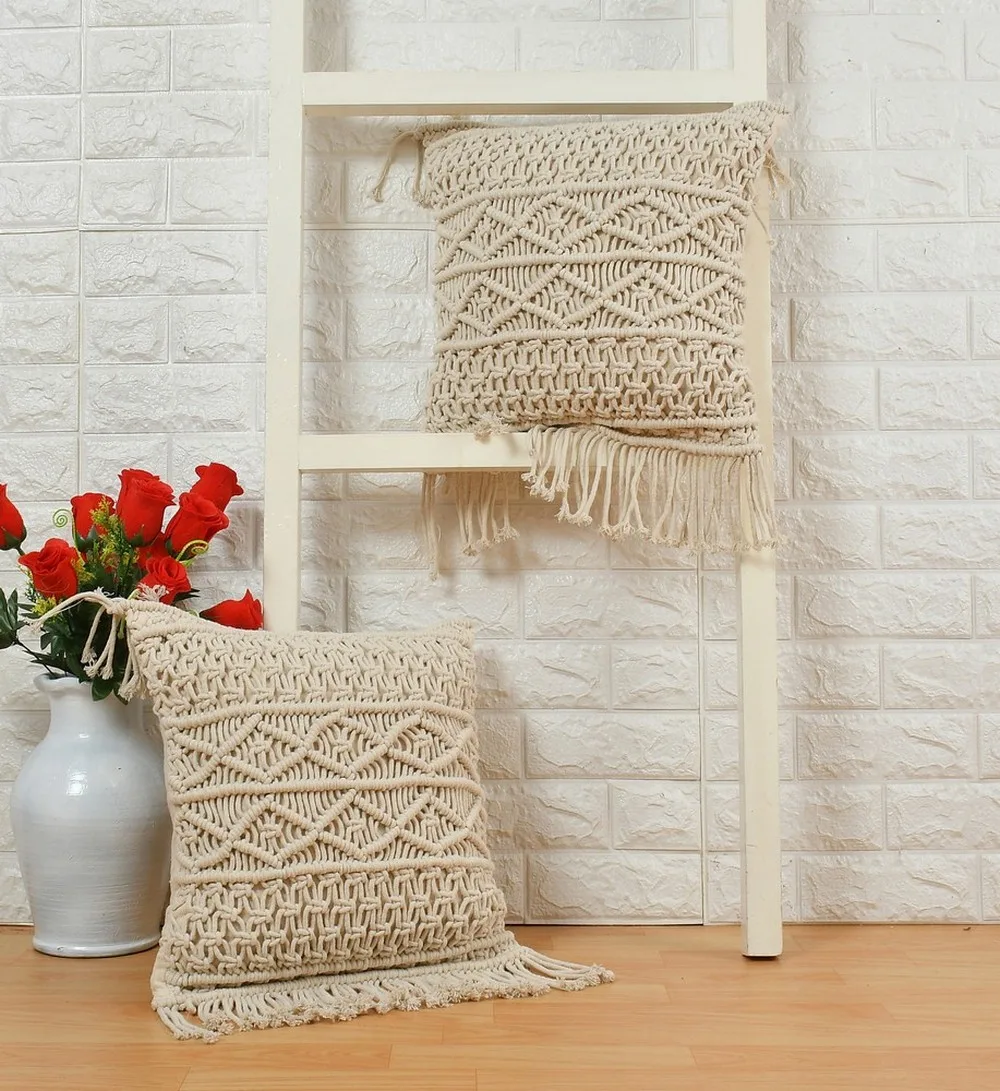 Macrame Cushion Cover, Diamond Chain, 16x16 Inches, Off-White