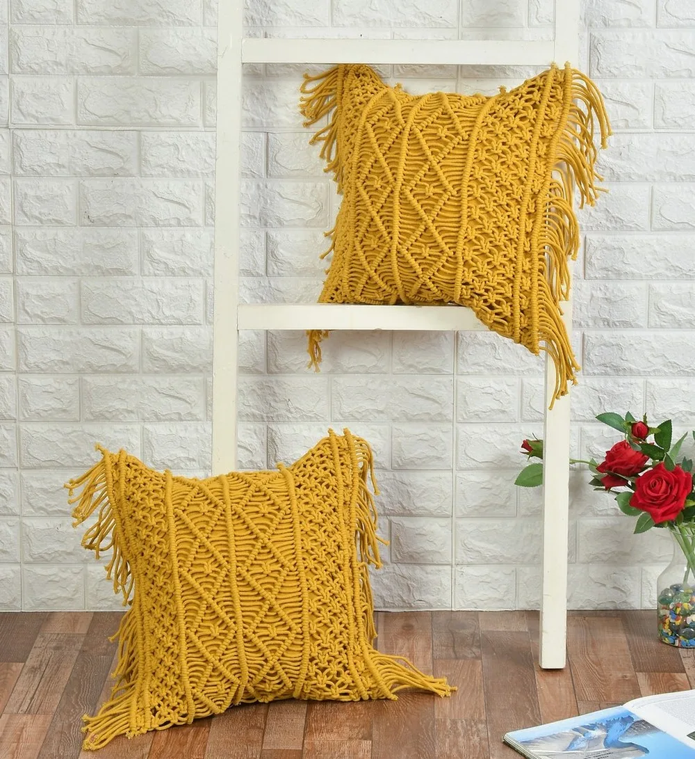 Macrame Cushion Cover, Diamond Chain, 16x16 Inches, Yellow